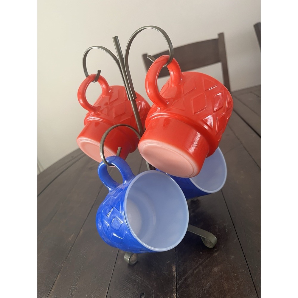 Vtg Hazelware Diamond Mugs Red Blue‎ Breakfast W/metal Tree
